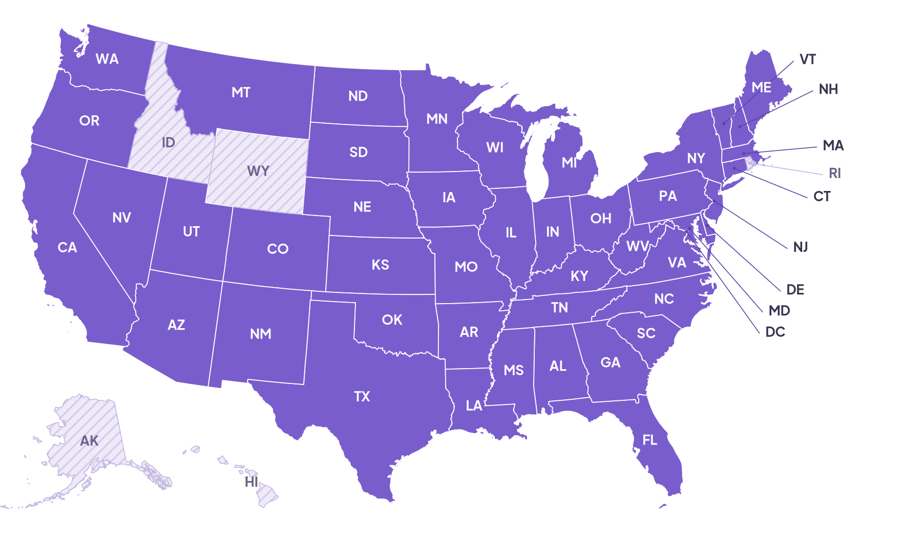 Map of the United States showing the 45 states, plus Washington D.C., where Harmonic Health accepts patients. Alaska, Hawaii, Idaho, Rhode Island and Wyoming are marked coming soon.