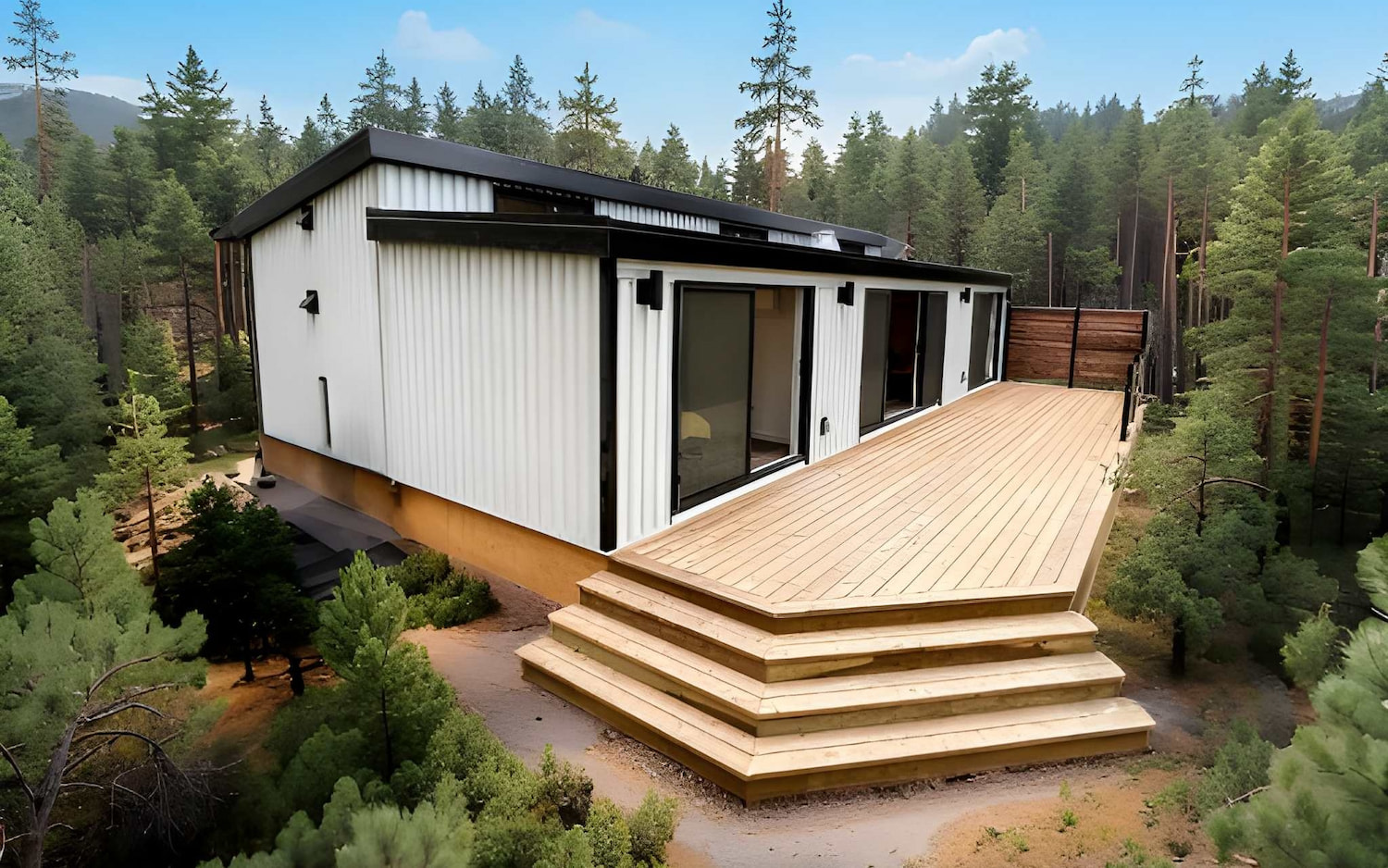 A wide angle view of the Modern Modular Alpine 882 model in an outdoor woodland setting in the day time.