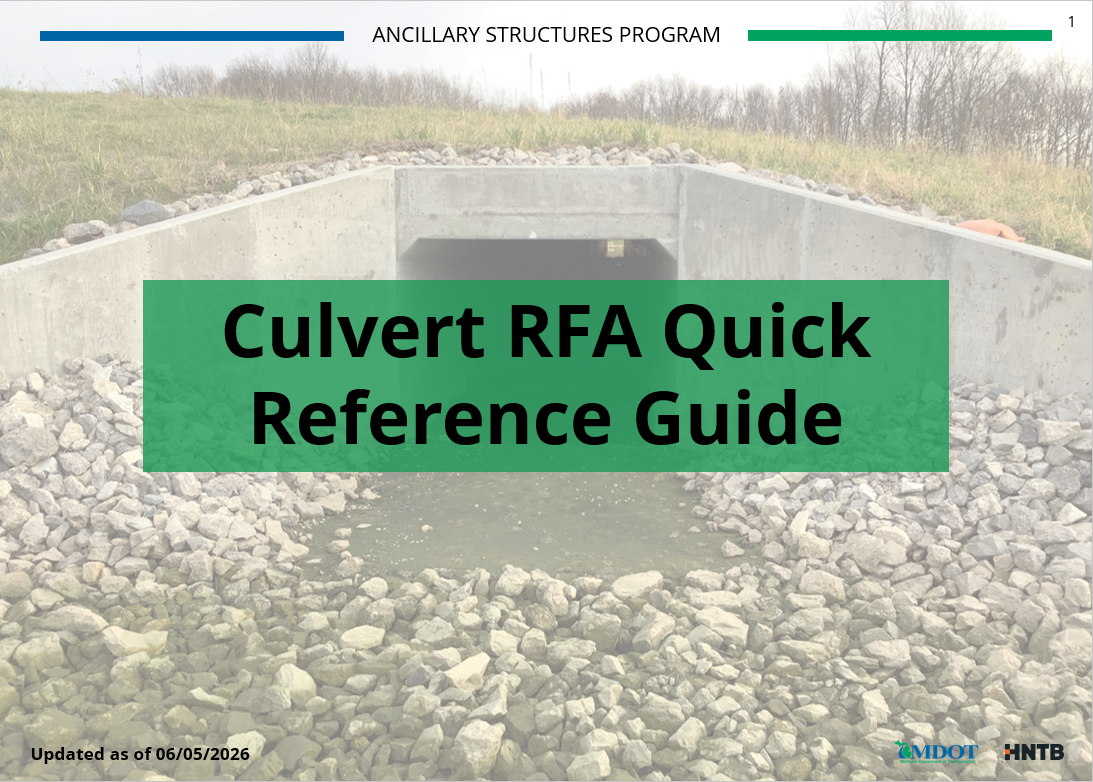 Concrete culvert opening surrounded by large rocks with a shallow stream, overlaid with the title “Culvert RFA Quick Reference Guide” from the Ancillary Structures Program; updated June 5, 2026,