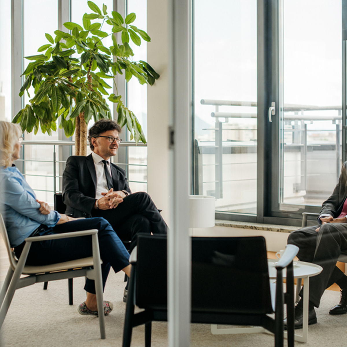 Two businesspeople sitting and talking near a large window with a tall green plant behind them.