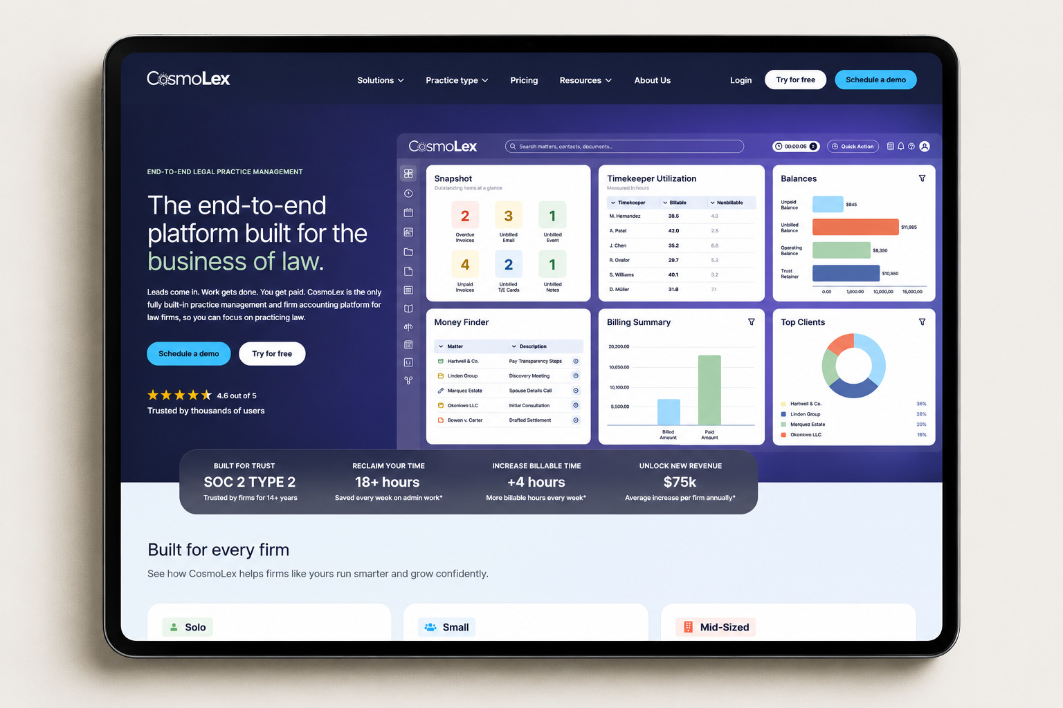 CosmoLex legal practice management software homepage