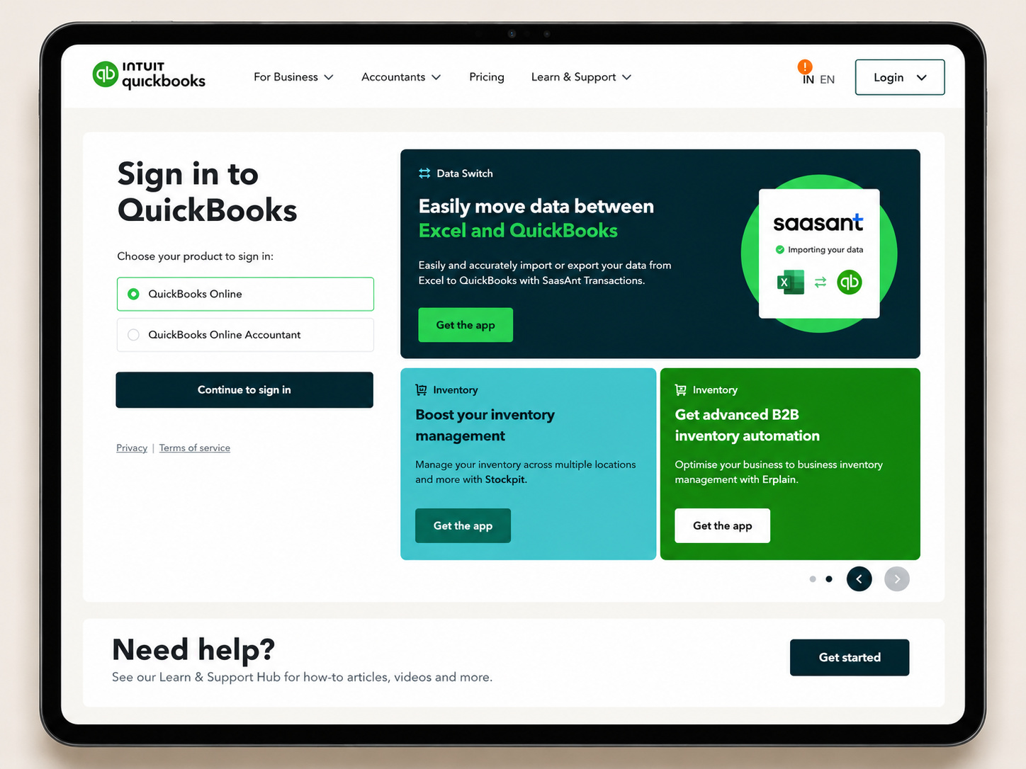 QuickBooks sign-in page