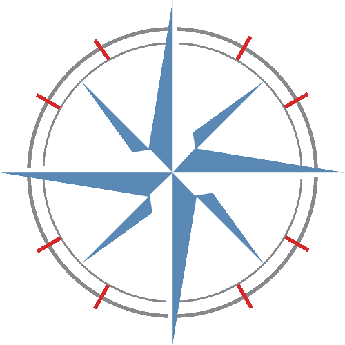 Nautical compass rose with alternating blue and white points and red tick marks on outer circles.
