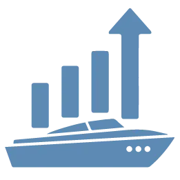 Blue boat icon with ascending bar chart and upward arrow indicating growth or progress.