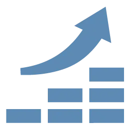Blue upward arrow above ascending bar chart representing revenue growth.