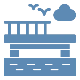 Blue icon of a pier with railing over water, two birds flying, and one cloud.