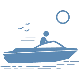 Illustration of a person driving a speedboat on water with birds flying and a sun in the sky.