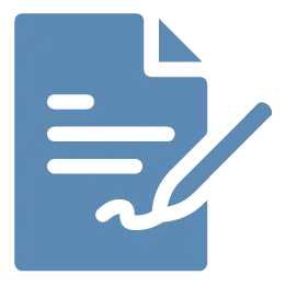 Blue document icon with a pen signing at the bottom.