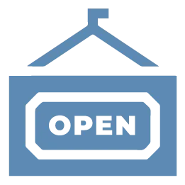 Blue hanging sign with the word 'OPEN' inside a hexagonal border.