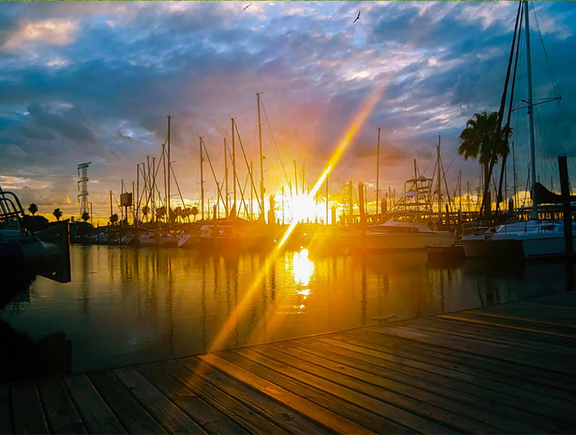 Sunset over a marina with sailboats docked and wooden pier in the foreground, reflecting golden light on the water.