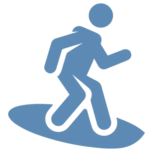 Blue stylized icon of a person surfing on a surfboard.