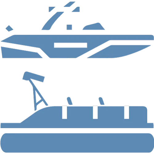 Two stylized slate-blue boat icons, one speedboat on top and one pontoon boat below.
