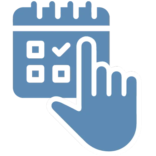 Blue calendar icon with a hand cursor pointing at a checked date.