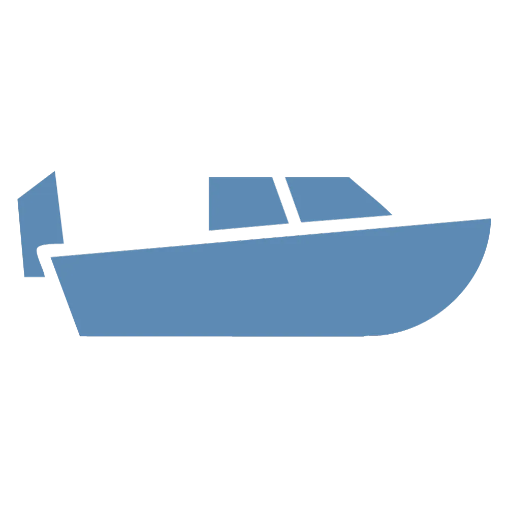 Blue and black simple icon of a power boat with cabin and outboard motor.