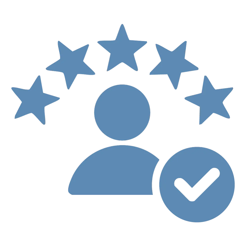 User icon with five stars arched above and a checkmark in a circle indicating customer satisfaction.