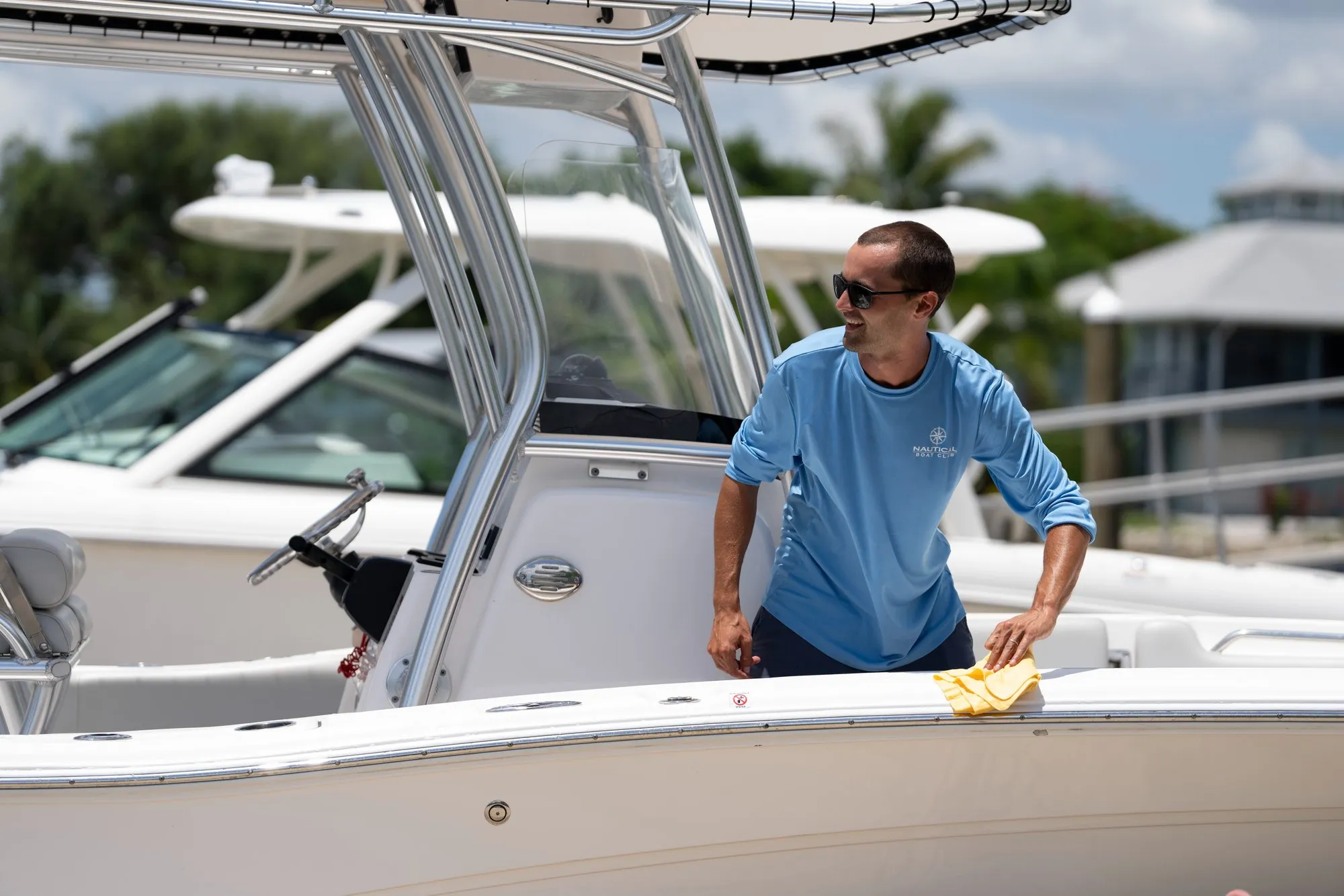 Fishing during a sunset on the bow of center console boat