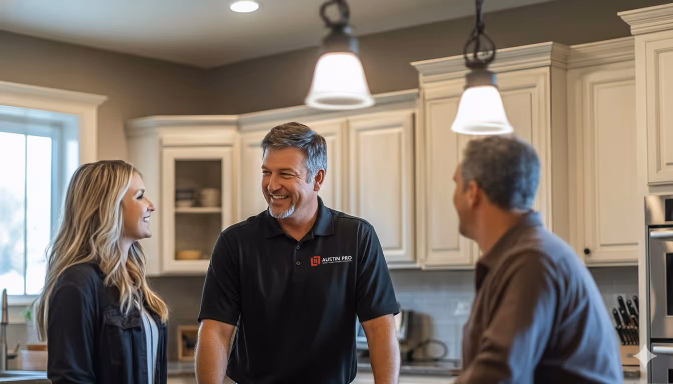 Three people smiling and talking in a modern kitchen with with austin pro meeting with customers