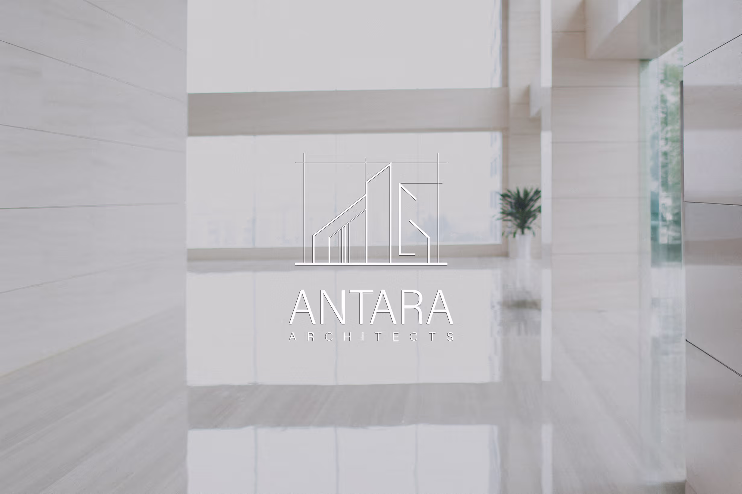 Primary logo on a background of a modern architecture for Antara brand. Minimalistic and modern.