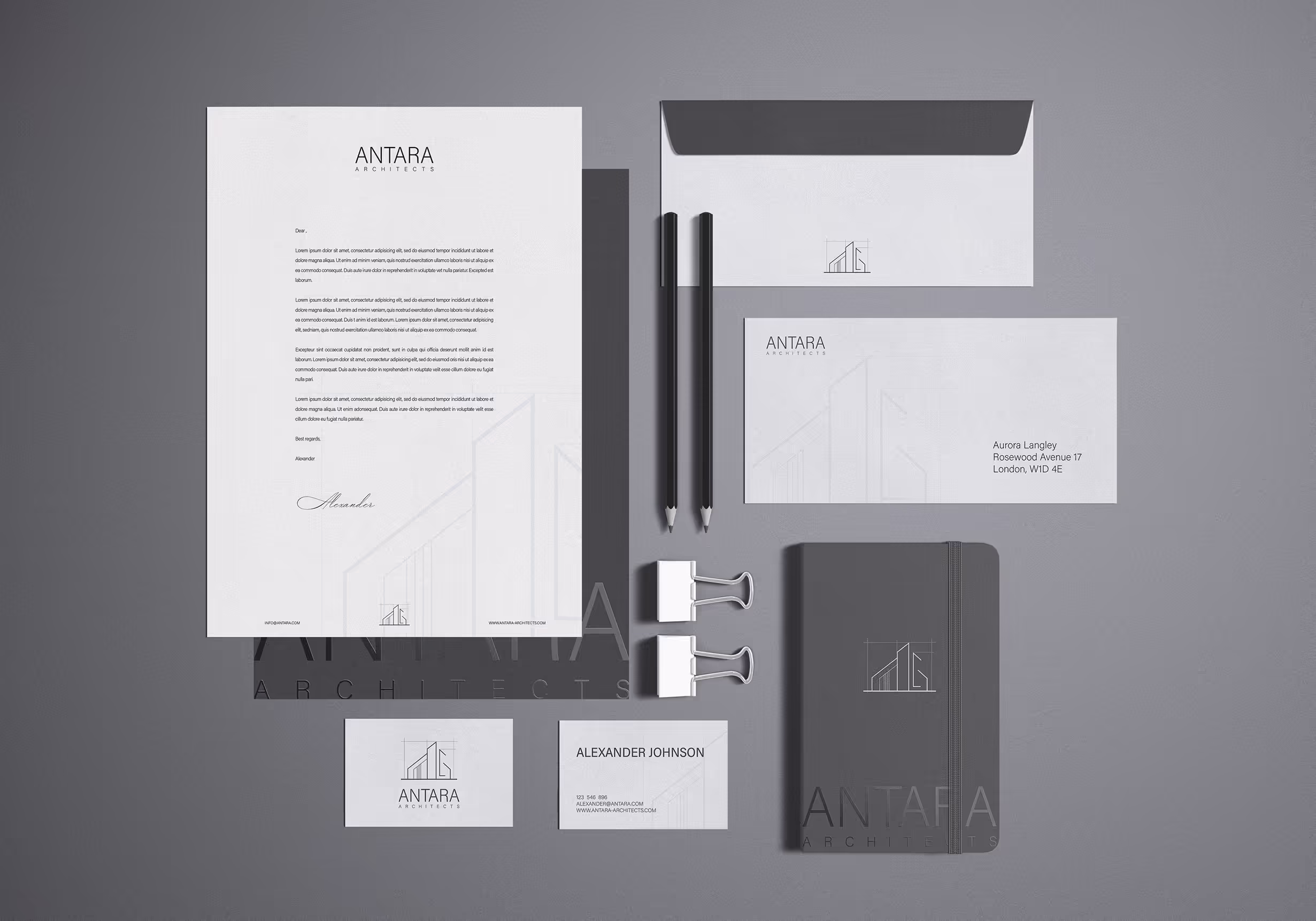 Stationary mock up for Antara branding.  Minimalistic and modern.