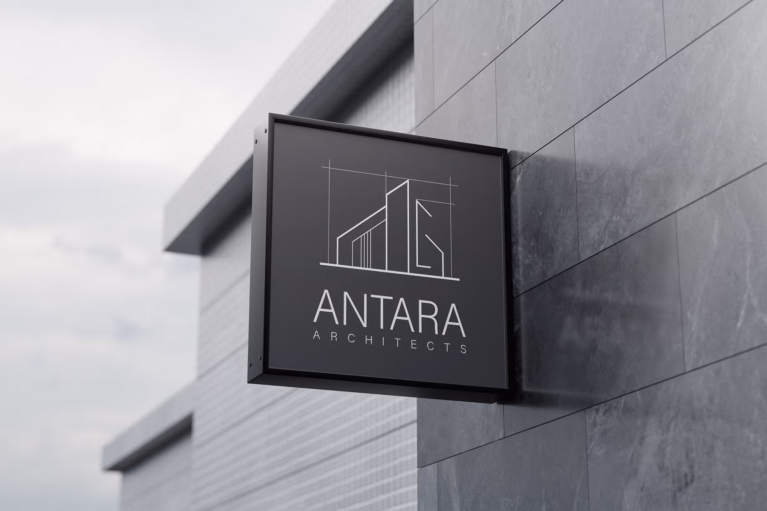 Wall sign of Antara logo. Minimalistic pgoto in gray colors.