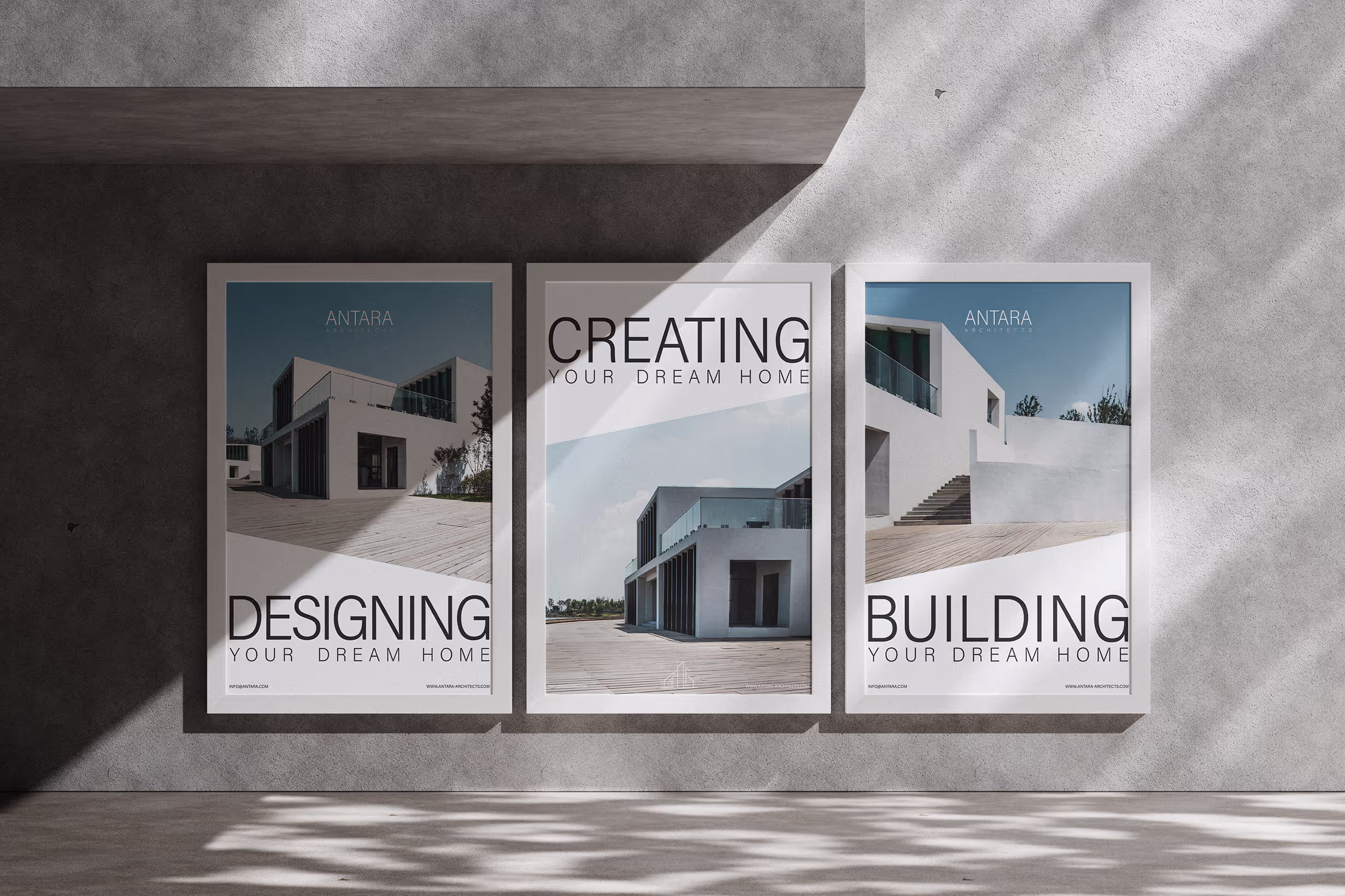 Three posters on a wall for Antara branding. Minimalistic and modern.