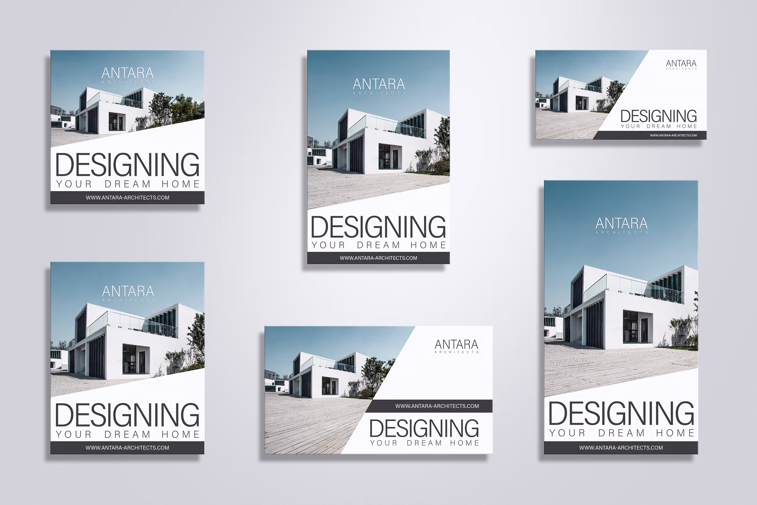 Photo displaying six variations of a social media ad for Antara architects  in different sizes, arranged side by side. Each size adapts the same design for various platforms, including square, portrait, landscape, and story formats. The design remains consistent, with brand colors, logo, and promotional text clearly visible in all versions.
