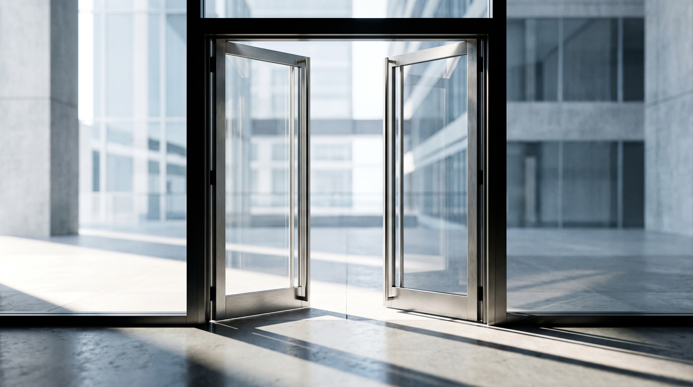 Glass doors opening onto daylight, symbolising the FCA's cryptoasset authorisation window opening
