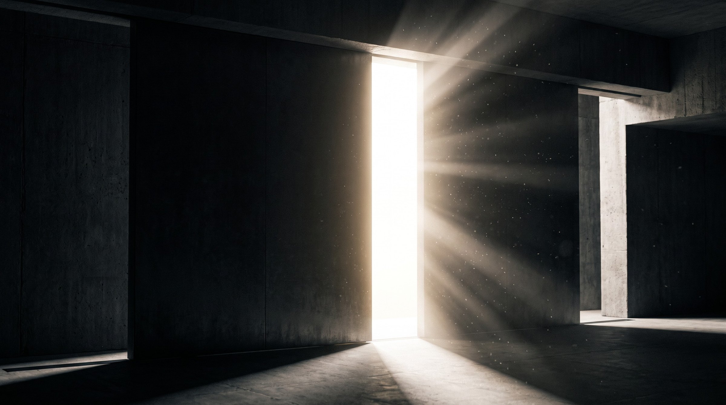 Two monolithic panels parting to reveal a wall of brilliant light, symbolising the FCA's cryptoasset authorisation gateway opening