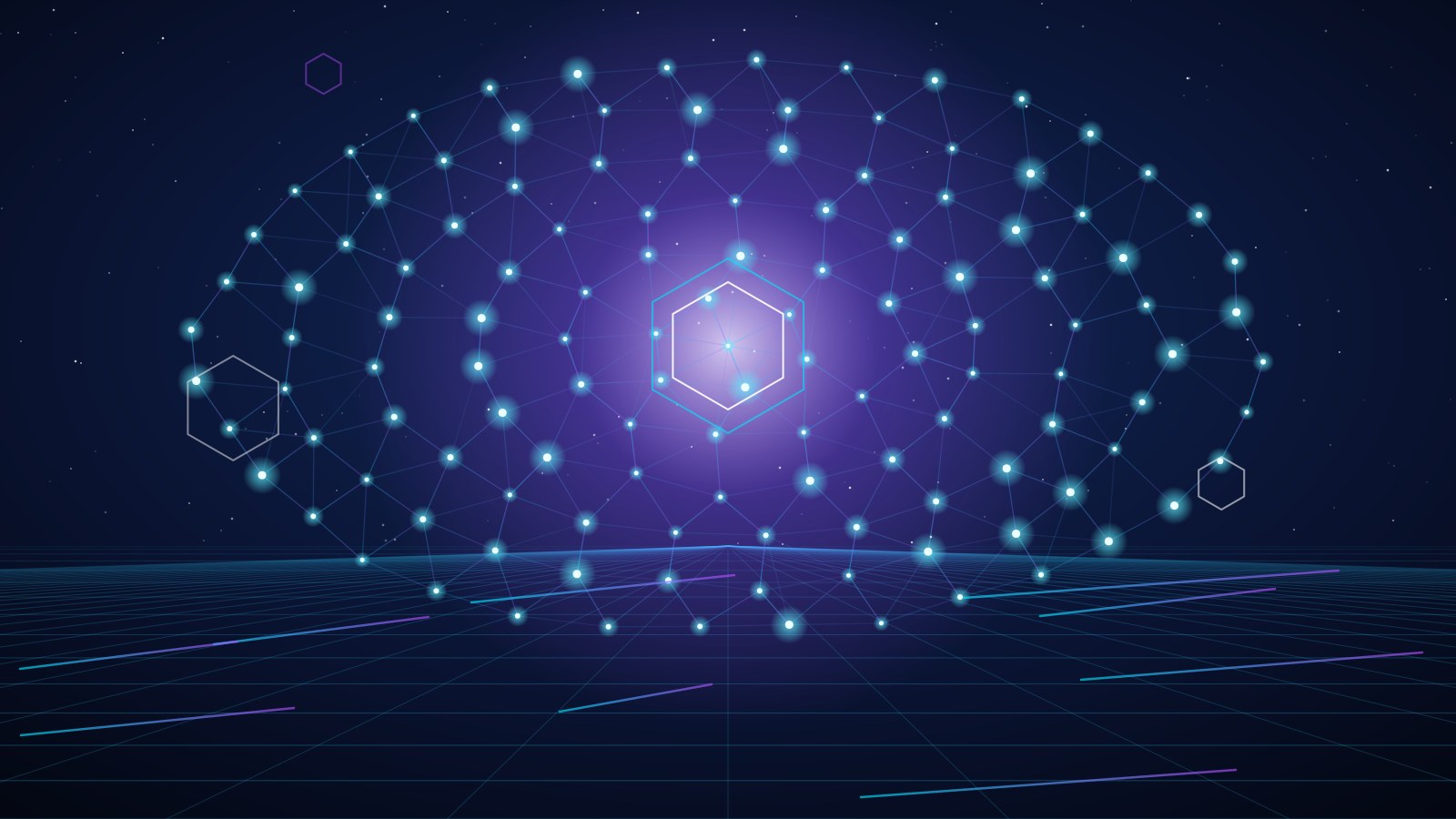 A decentralised network of glowing nodes above a digital horizon