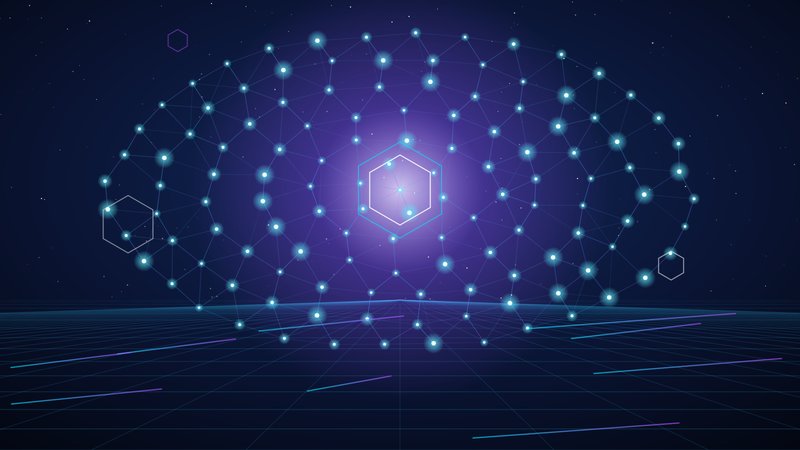 A decentralised network of glowing nodes above a digital horizon