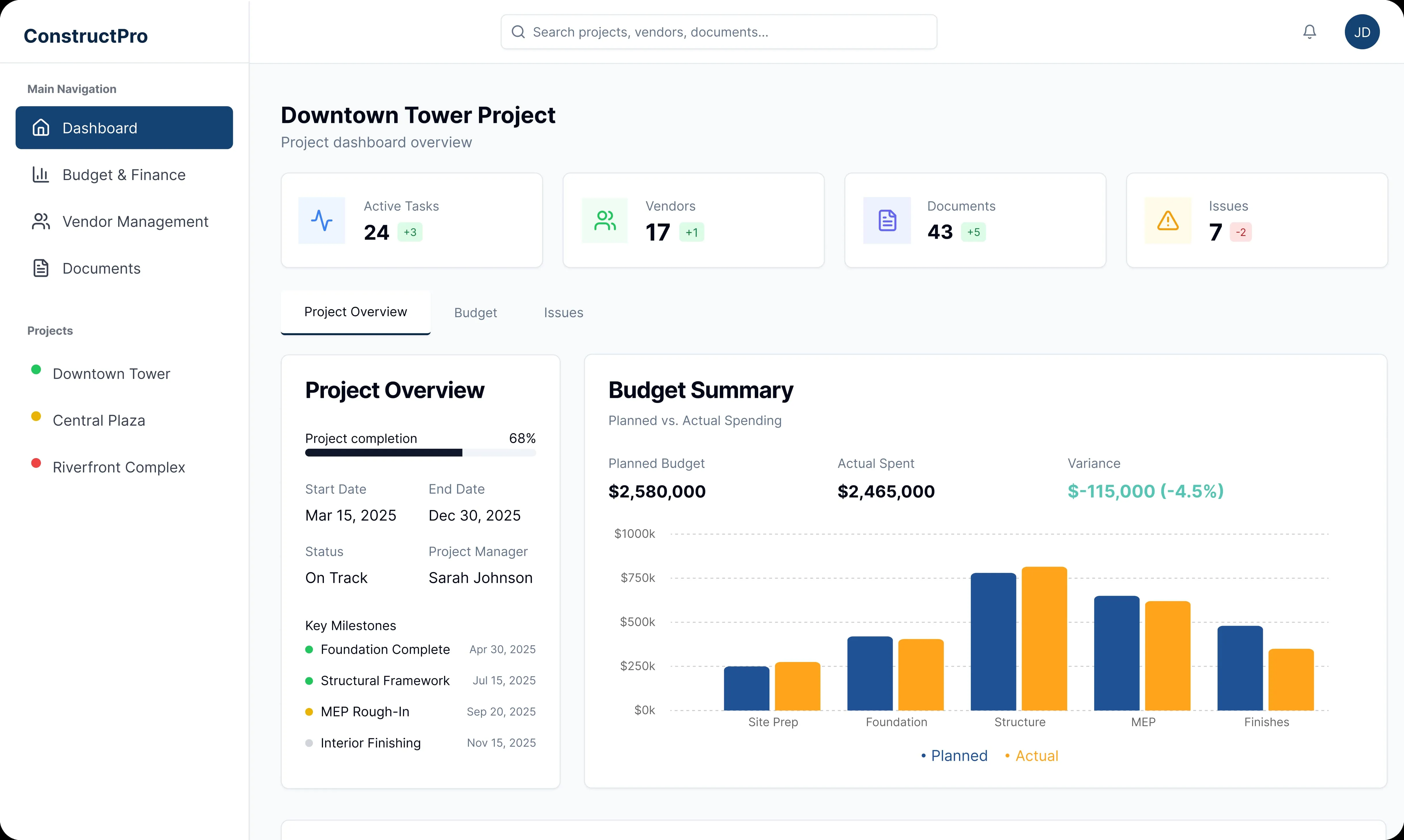 ConstructPro project dashboard screenshot, portfolio project 