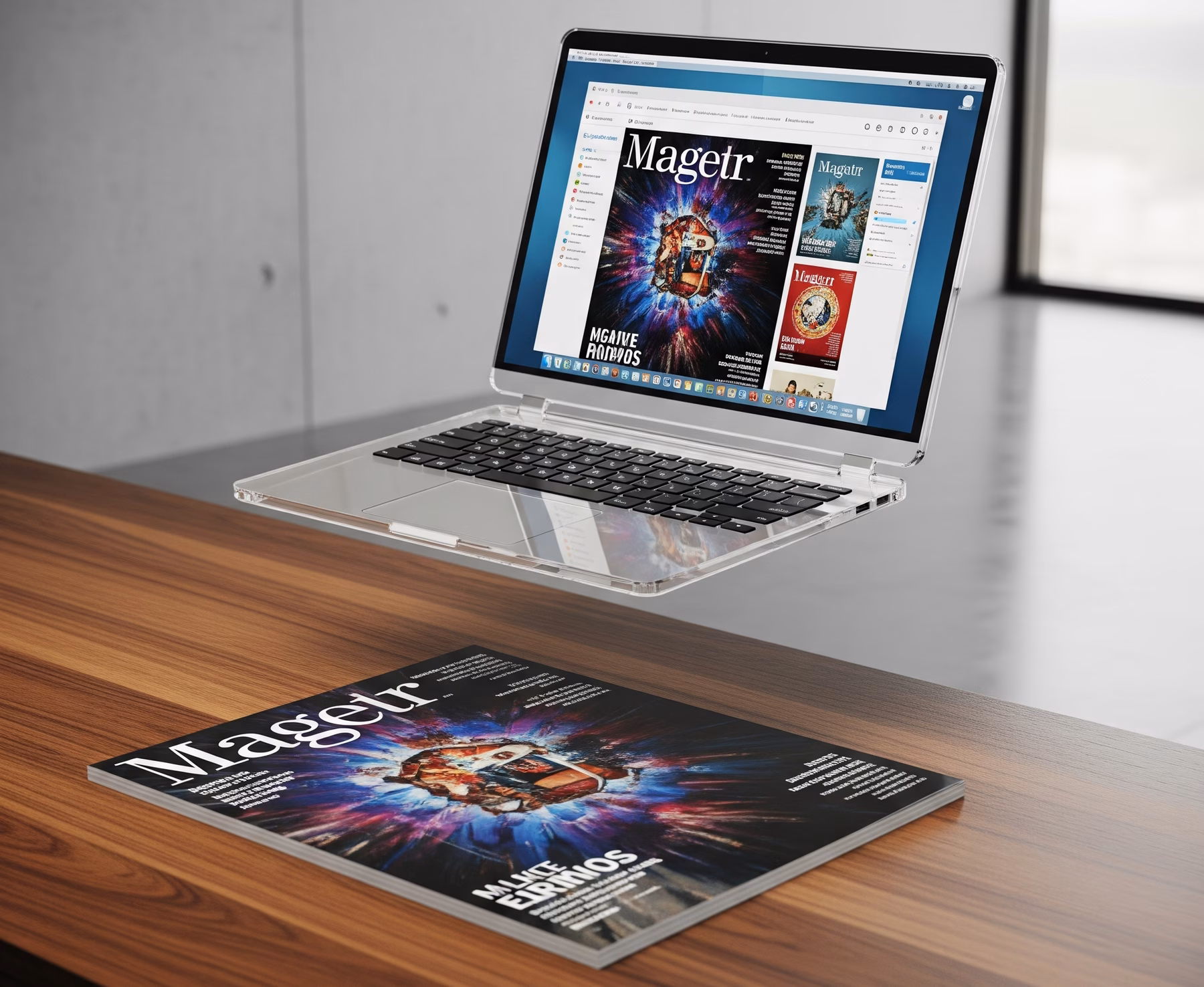 magazine op tafel die is omgezet naar wordpress artikelen op een laptop