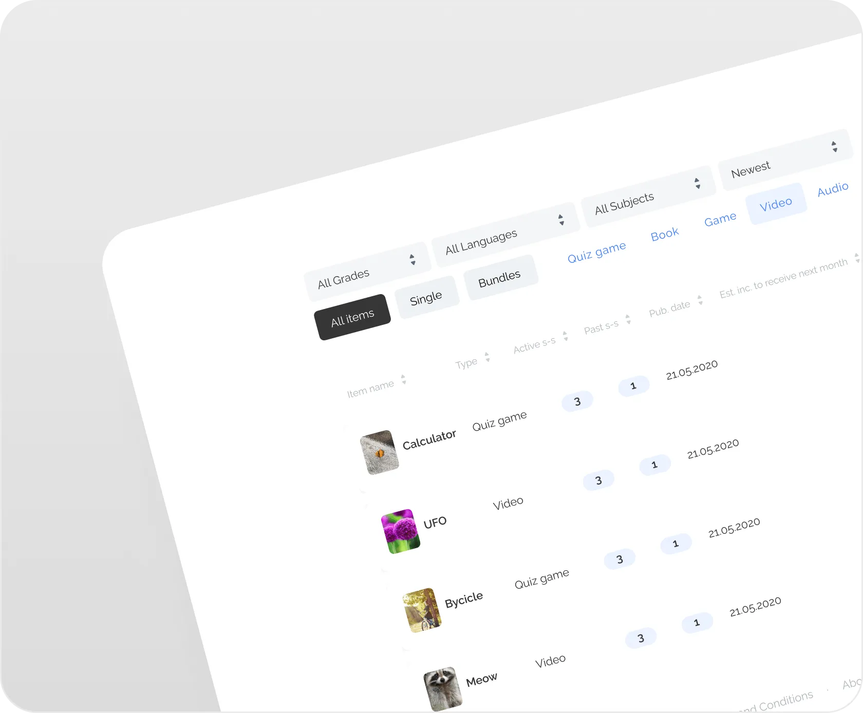 Screen displaying a filtered list of educational items with categories like quiz game and video