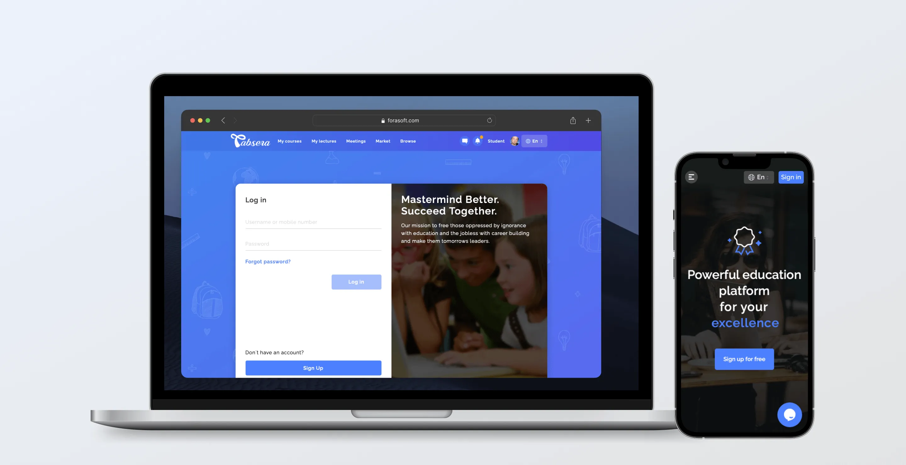 Laptop and smartphone displaying an education platform login and signup screens with blue-themed user interfaces.