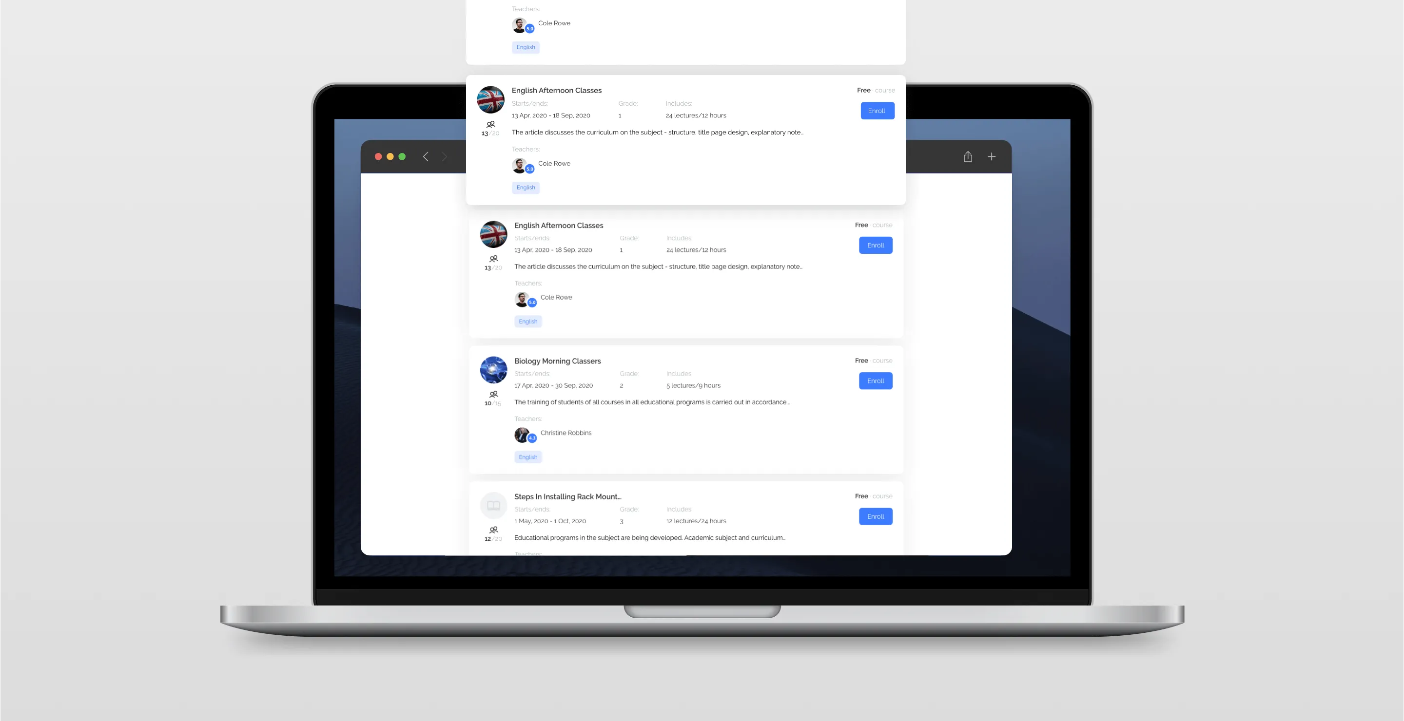 Open laptop displaying an online education platform with multiple course listings including English Afternoon Classes and Biology Morning Classes, each showing details like start/end dates, grade, lectures, teacher, and an Enroll button.