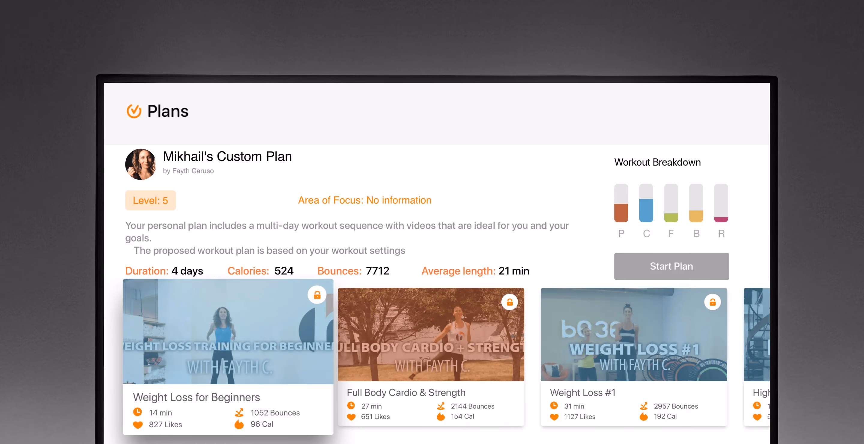 Digital workout plan interface showing Mikhail's Custom Plan with three locked exercise videos, their duration, bounces, likes, and calories burned, plus a workout breakdown chart and a Start Plan button.