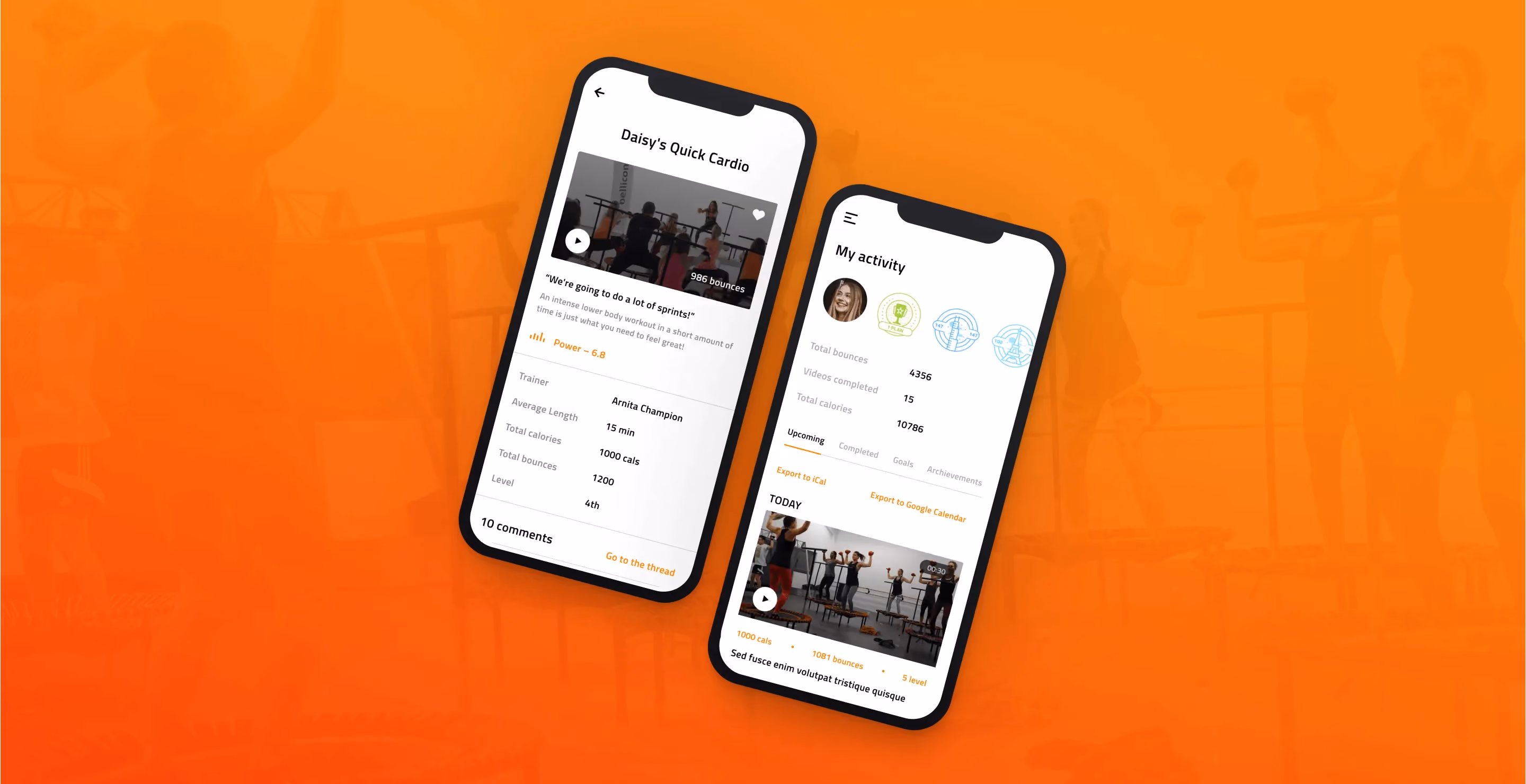 Two smartphones displaying a fitness app with workout details, activity stats, and video thumbnails on an orange background.