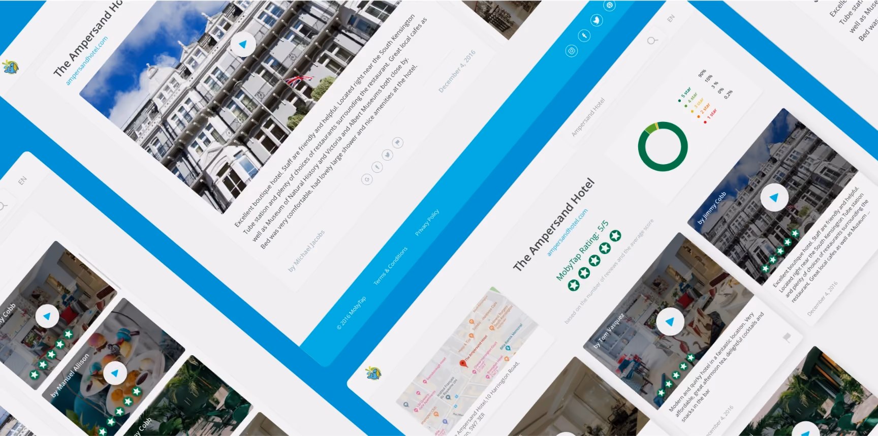 Screenshot of a hotel review page for The Ampersand Hotel showing guest reviews, 5-star Mobytap rating, and a location map.
