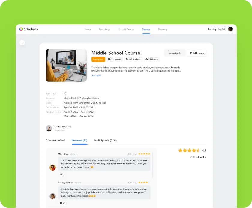 Scholarly admin panel displaying Middle School Course details including progress status, lessons, students, subjects, course dates, supervisor profile, and student reviews with a 4.5 star rating.