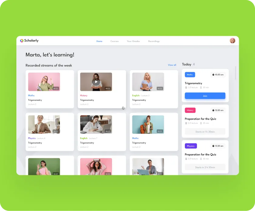 Online learning platform dashboard showing recorded streams of subjects like Maths, History, English, and Physics with lecture thumbnails and a schedule of upcoming sessions.
