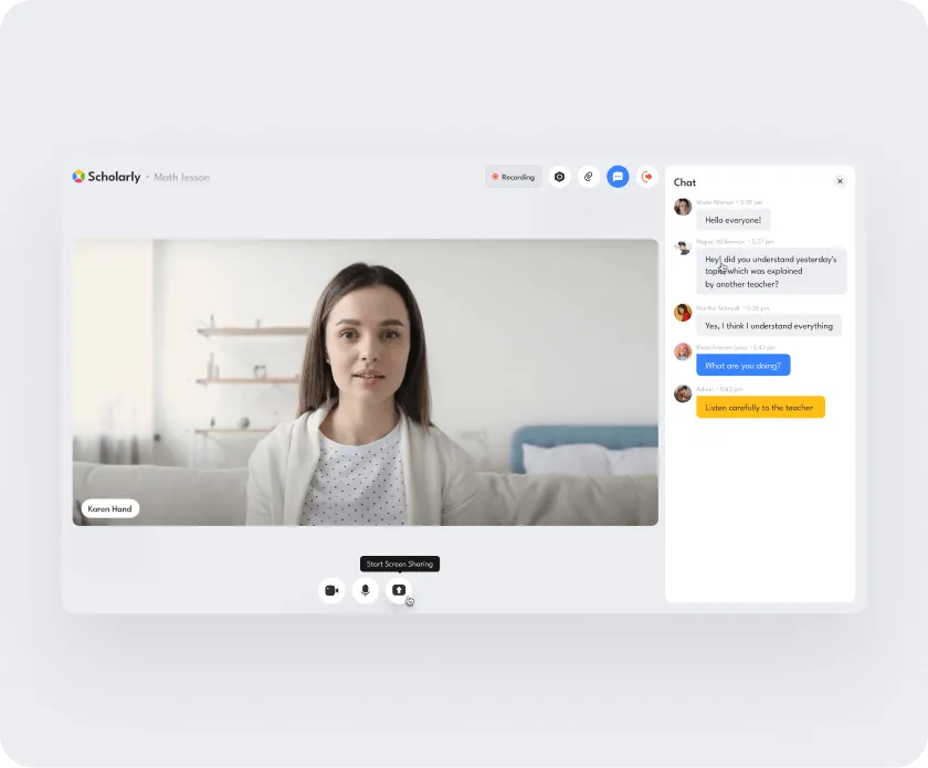 Virtual math lesson interface showing a female teacher on video with a chat sidebar containing student messages.