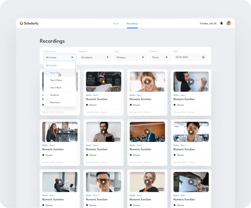 Online education portal page showing video recordings of 'Numeric function' lessons for Maths Year 1 with filter options for course level, subjects, topic, duration, and date.