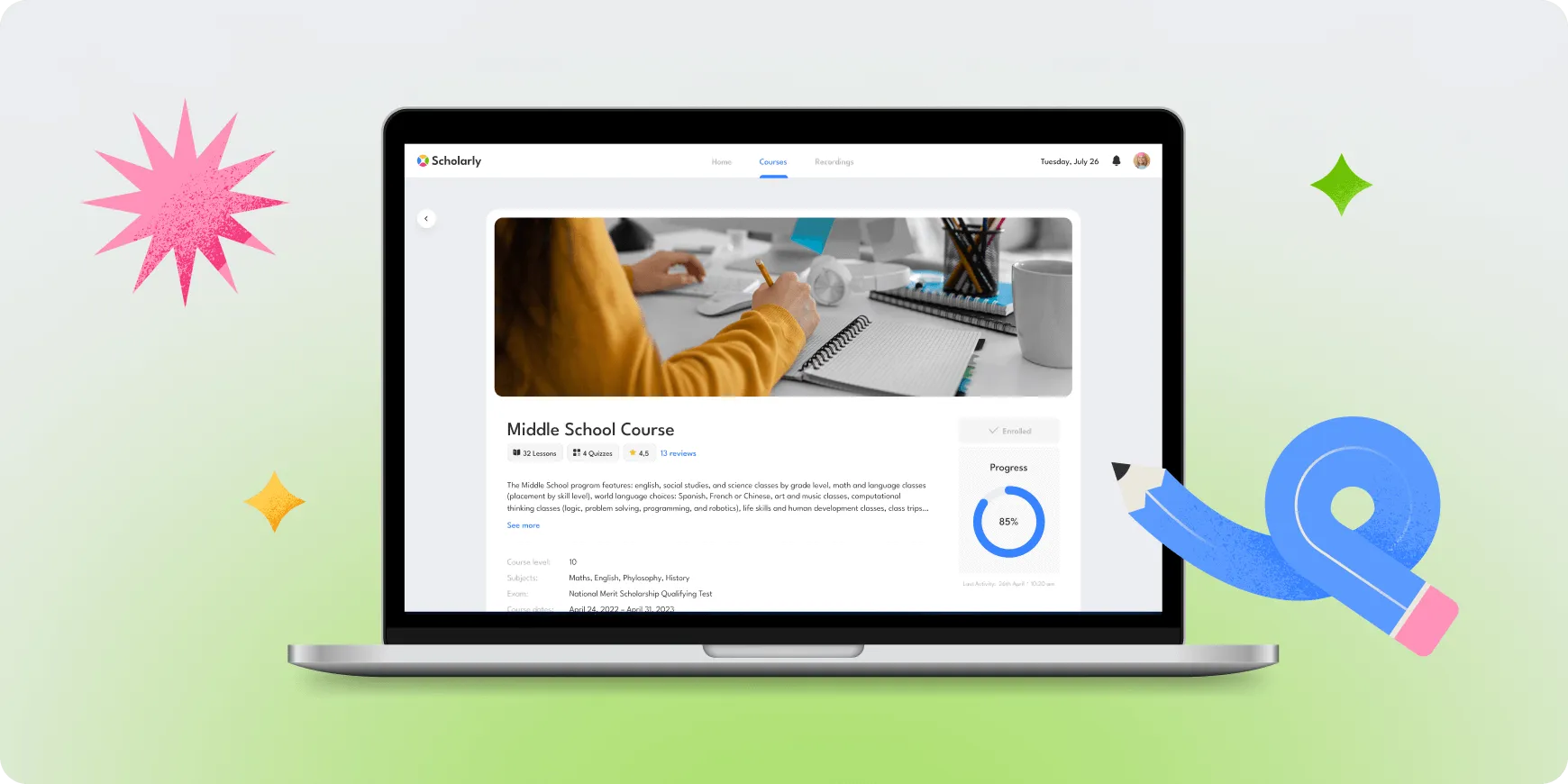 Open laptop displaying a Middle School Course webpage with a progress circle showing 85% completion, surrounded by colorful star and pencil illustrations.