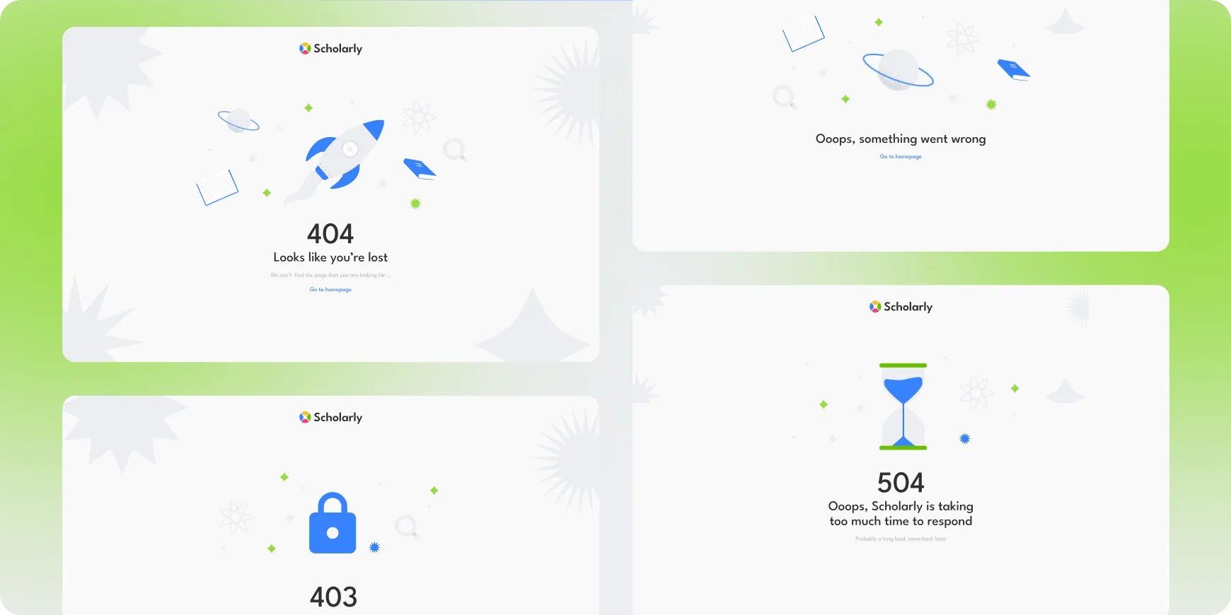 Four error message panels for 'Scholarly' showing 404 with a rocket, 403 with a lock, 504 with an hourglass, and a message saying something went wrong.