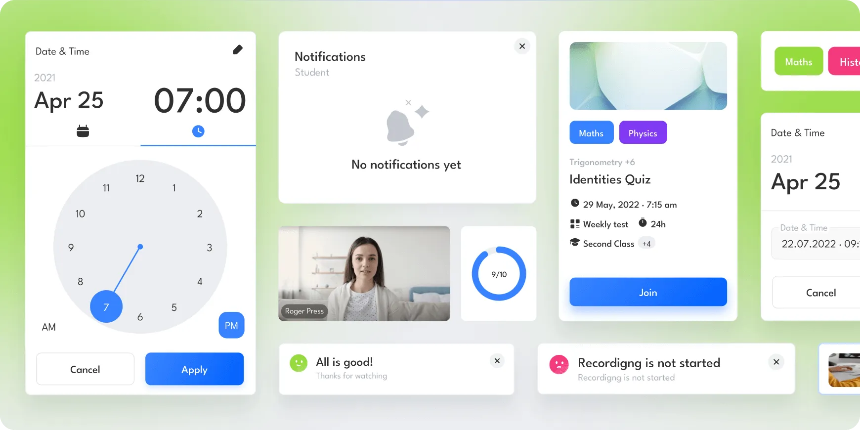 User interface showing date and time picker set to April 25, 7:00 AM, a notifications panel with no alerts, video thumbnail with score 9 out of 10, and an identities quiz card for Maths and Physics scheduled on May 29, 2022.