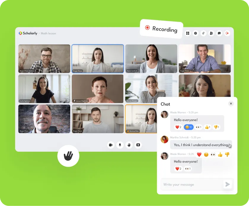 Online video conference screen with 10 participants including a tutor, showing active chat messages discussing understanding of the lesson.