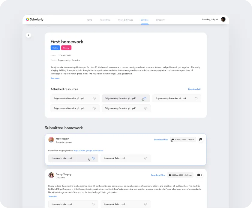 Educational platform interface showing a 'First homework' assignment with subjects Math and History, date 27 April 2022, attached trigonometry formula PDF resources, and submitted homework from students May Rippin and Corey Torphy with downloadable files and comments.