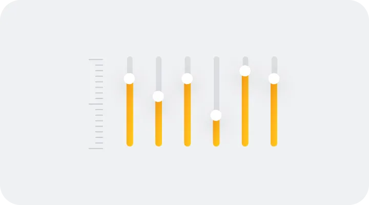Digital illustration of six vertical orange sliders with white knobs set at different heights on a light grey background.