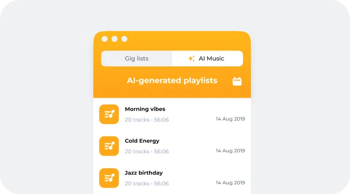 Screen showing AI-generated playlists with three playlists named Morning vibes, Cold Energy, and Jazz birthday, each having 20 tracks and duration of 56 minutes and 6 seconds, dated 14 Aug 2019.