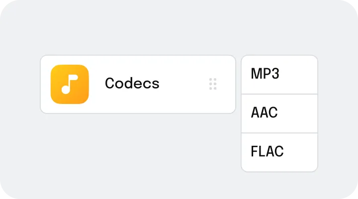 User interface showing a Codecs button with music note icon and a dropdown menu listing MP3, AAC, and FLAC audio formats.
